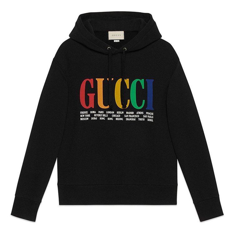 古驰/gucci 18年秋冬 gucci彩虹logo 男士 兜帽 字母 黑色 男卫衣
