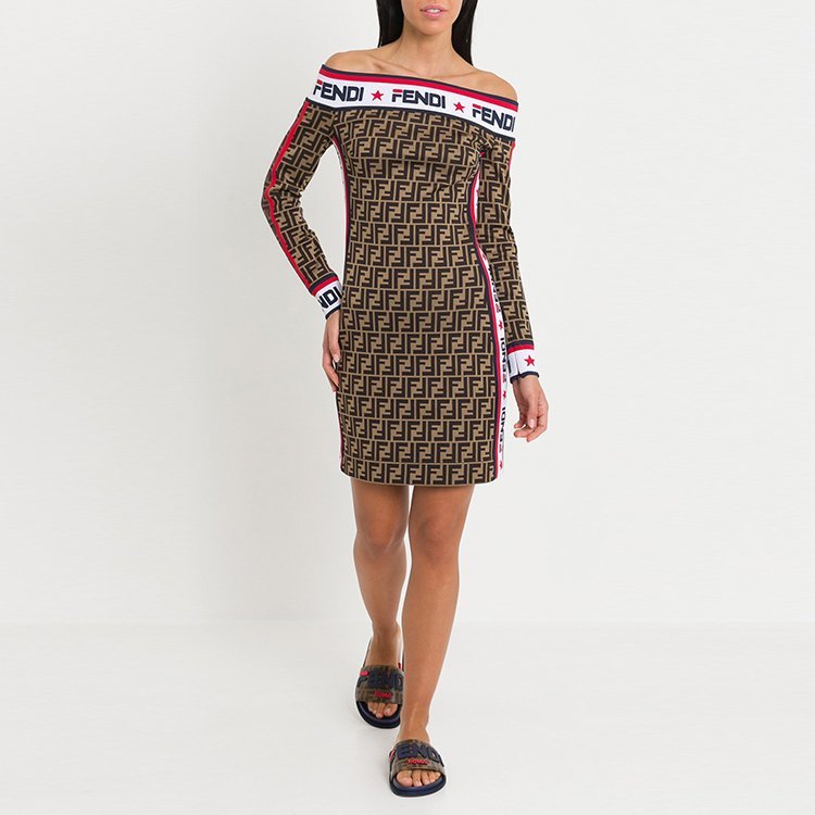 芬迪/fendi 19年春夏 一字肩 女士 拼色 ff logo 棕色 女士连衣裙 fd