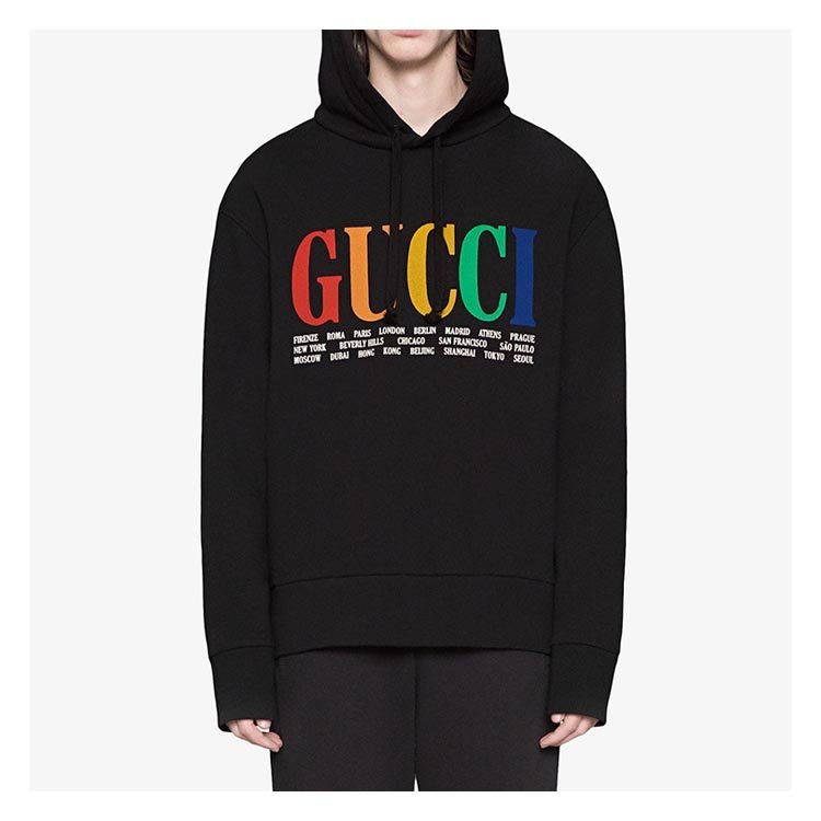 古驰/gucci 18年秋冬 gucci彩虹logo 男士 兜帽 字母 黑色 男卫衣