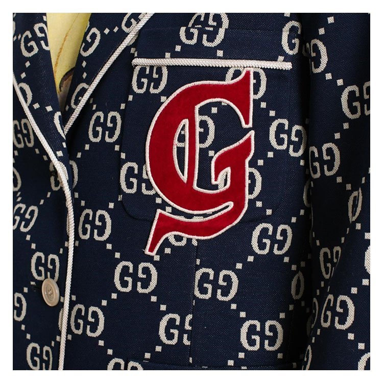 古驰/gucci 18年秋冬 logo 西装领 女性 格子 单排扣 蓝色 女士夹克