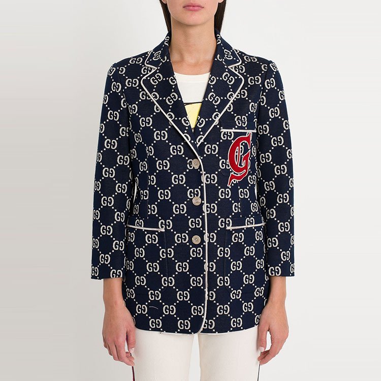 古驰/gucci 18年秋冬 logo 西装领 女性 格子 单排扣 蓝色 女士夹克