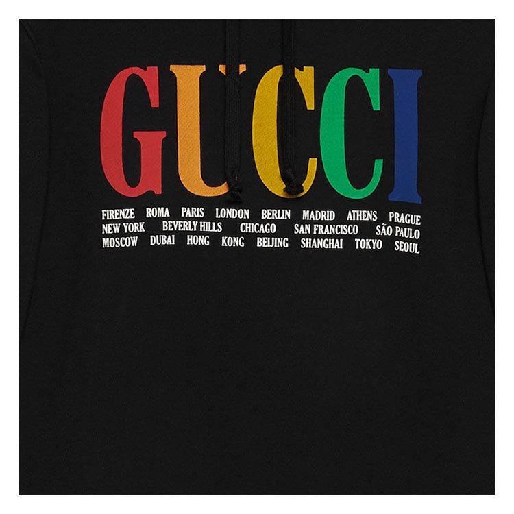 古馳/gucci 18年秋冬 gucci彩虹logo 男士 兜帽 字母 黑色 男衛衣