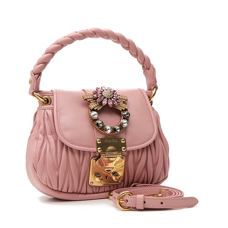 缪缪/miumiu 18年秋冬 logo 水钻褶皱 女包 女性 粉色 手提包 5bh111