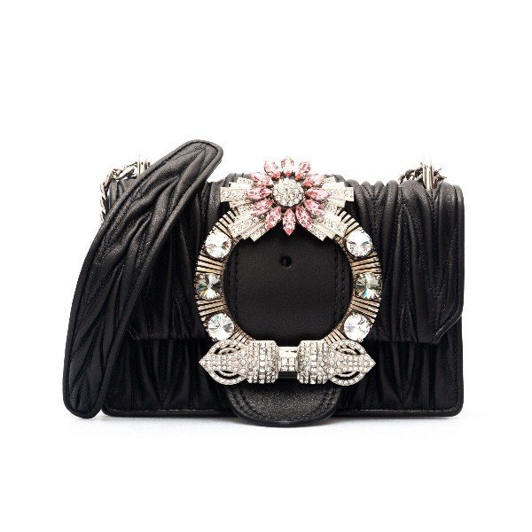 缪缪/miumiu 18年秋冬 水钻花朵 褶皱 女包 女性 黑色 斜挎包 bo01x5