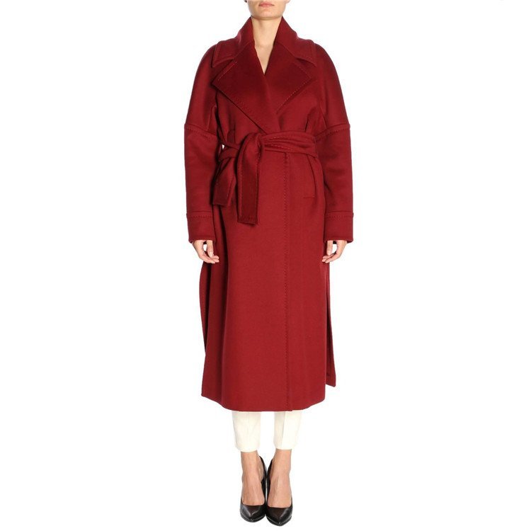 玛拉/maxmara 18年秋冬 女士 长款 绑带 翻领 羊毛大衣女 羊绒 酒红色