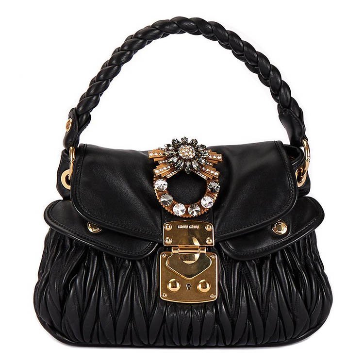 缪缪/miumiu 18年秋冬 褶皱 宝石花 女包 女性 黑色 手提包 5bc041 n